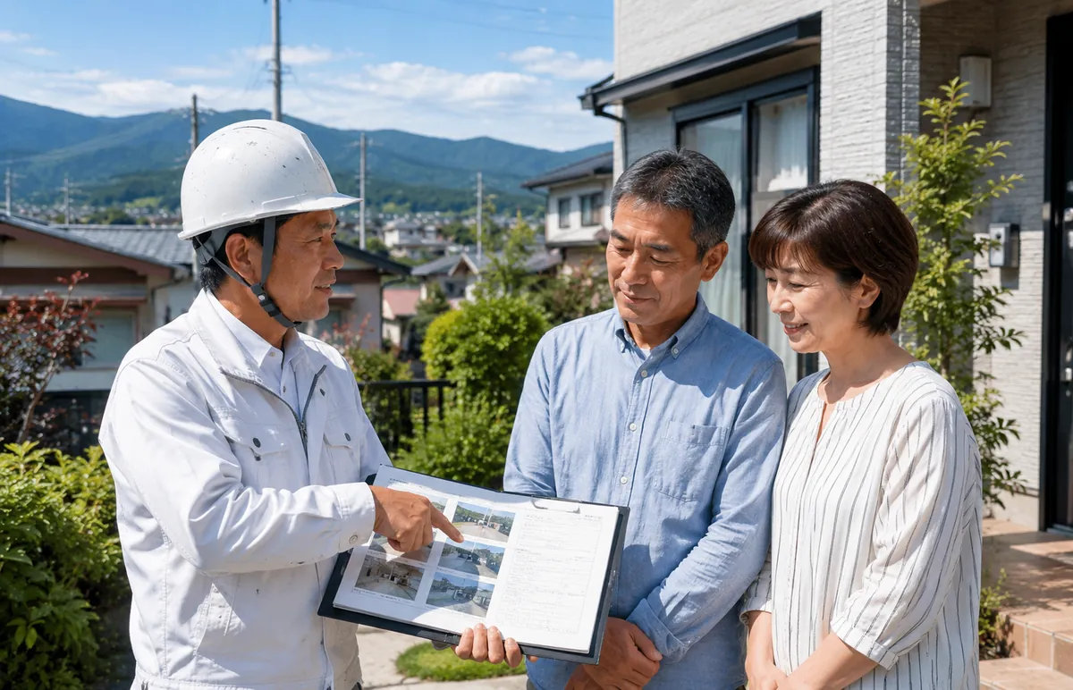 現地調査の結果をお客様に説明する橋間塗装店の職人