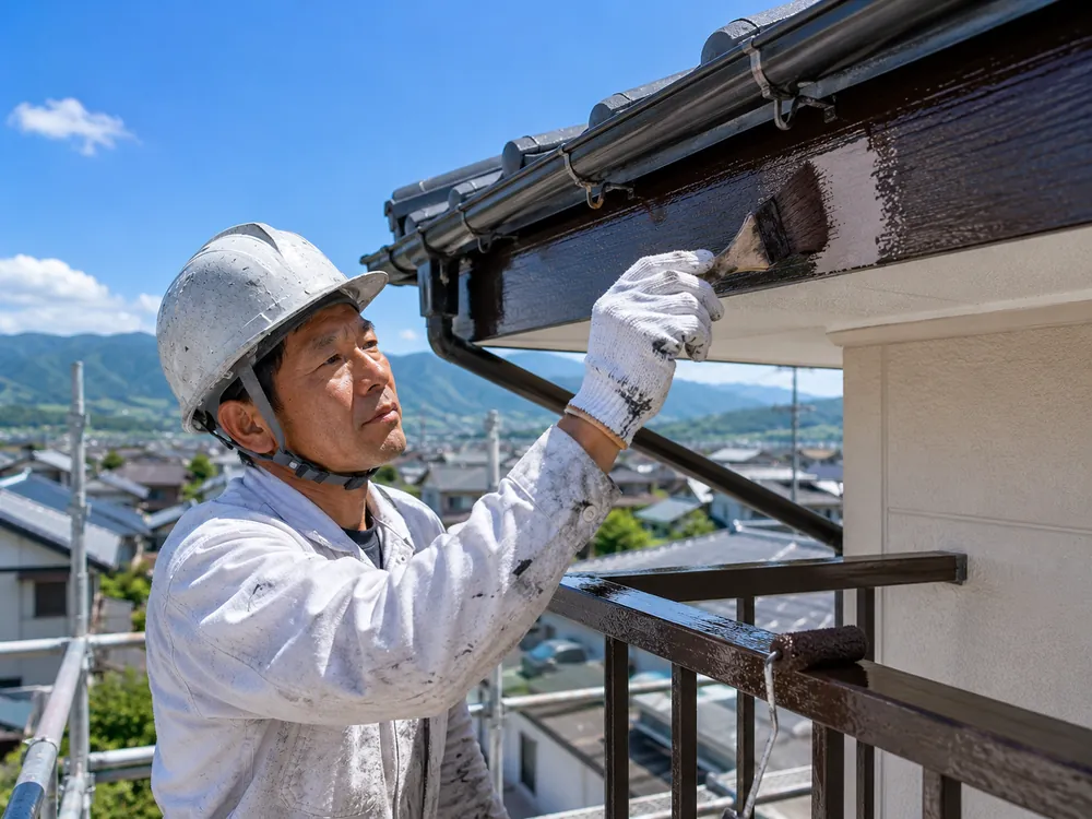 破風や鉄部など細かな部分を刷毛で塗装する職人