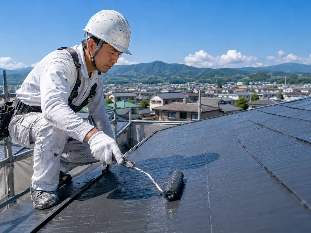 住宅の屋根を丁寧に塗装する職人