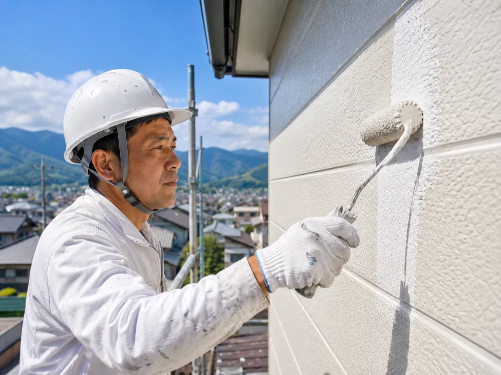 戸建て住宅の外壁をローラーで塗装する橋間塗装店の職人