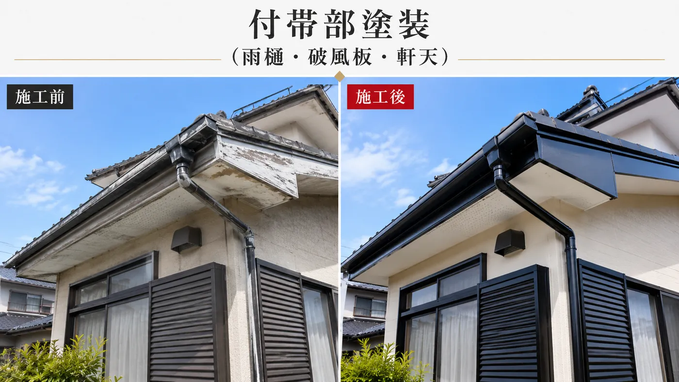 雨樋・破風板・軒天など付帯部塗装 施工前と施工後の比較イメージ