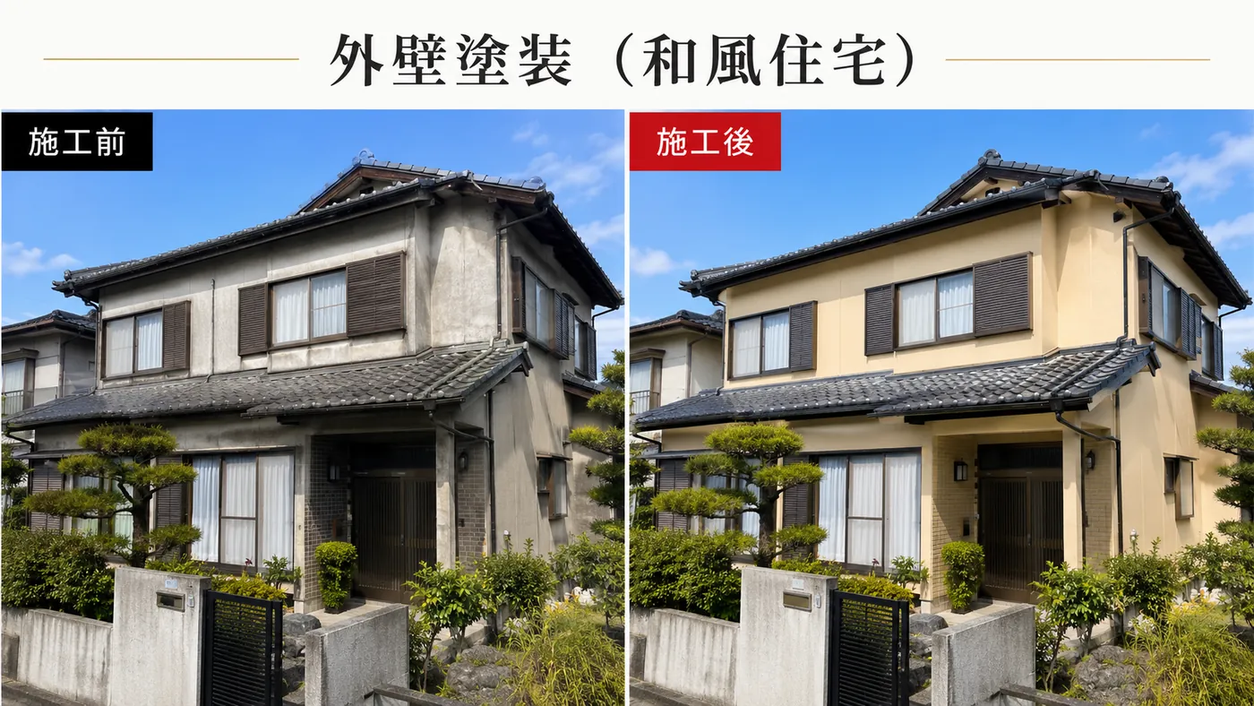 和風住宅の外壁塗装 施工前と施工後の比較イメージ