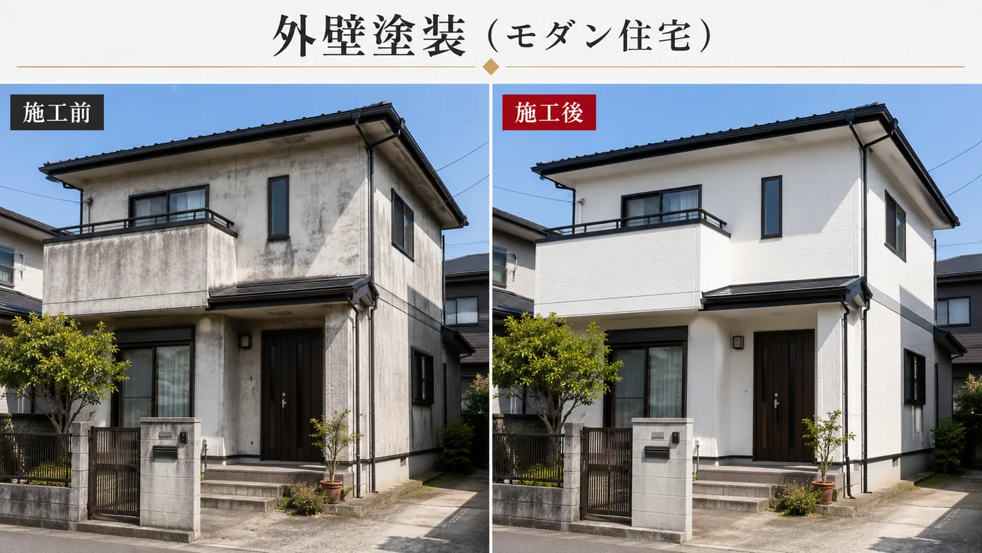 モダン住宅の外壁塗装 施工前と施工後の比較イメージ
